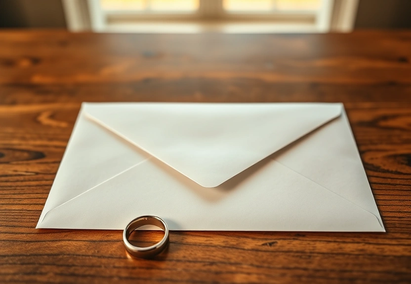 Envelope fechado sobre a mesa, ao lado de duas aliancas