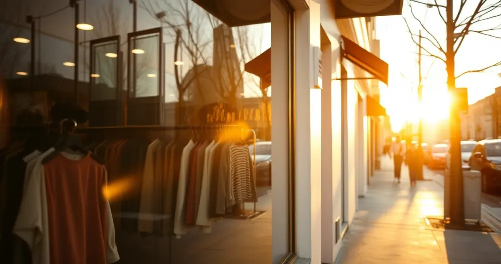 Vitrine de loja de roupas vista da calçada no fim da tarde