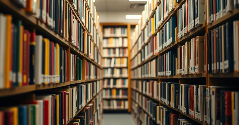 Corredor de estantes de biblioteca com lombadas de livros coloridas