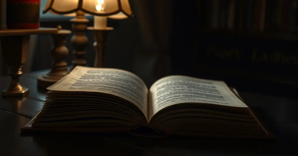 livro antigo aberto sobre mesa escura com luz de luminária