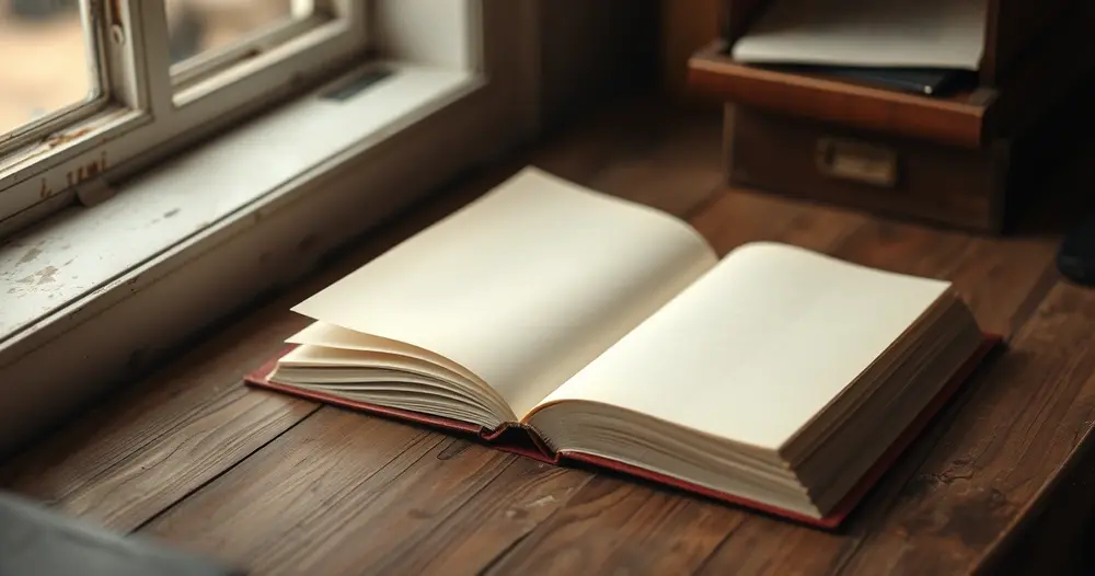Livro de capa dura aberto em páginas em branco sobre mesa de madeira