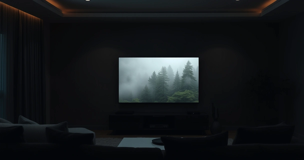 sala escura com televisão exibindo cena de floresta com névoa