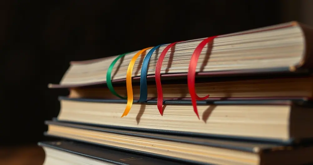 Pilha de livros de capa dura com fitas marcadoras coloridas entre as páginas
