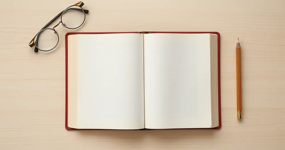 Livro aberto em páginas em branco visto de cima, com óculos e lápis ao lado