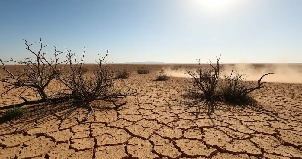 Solo rachado da caatinga sob sol forte com arbustos secos e horizonte plano